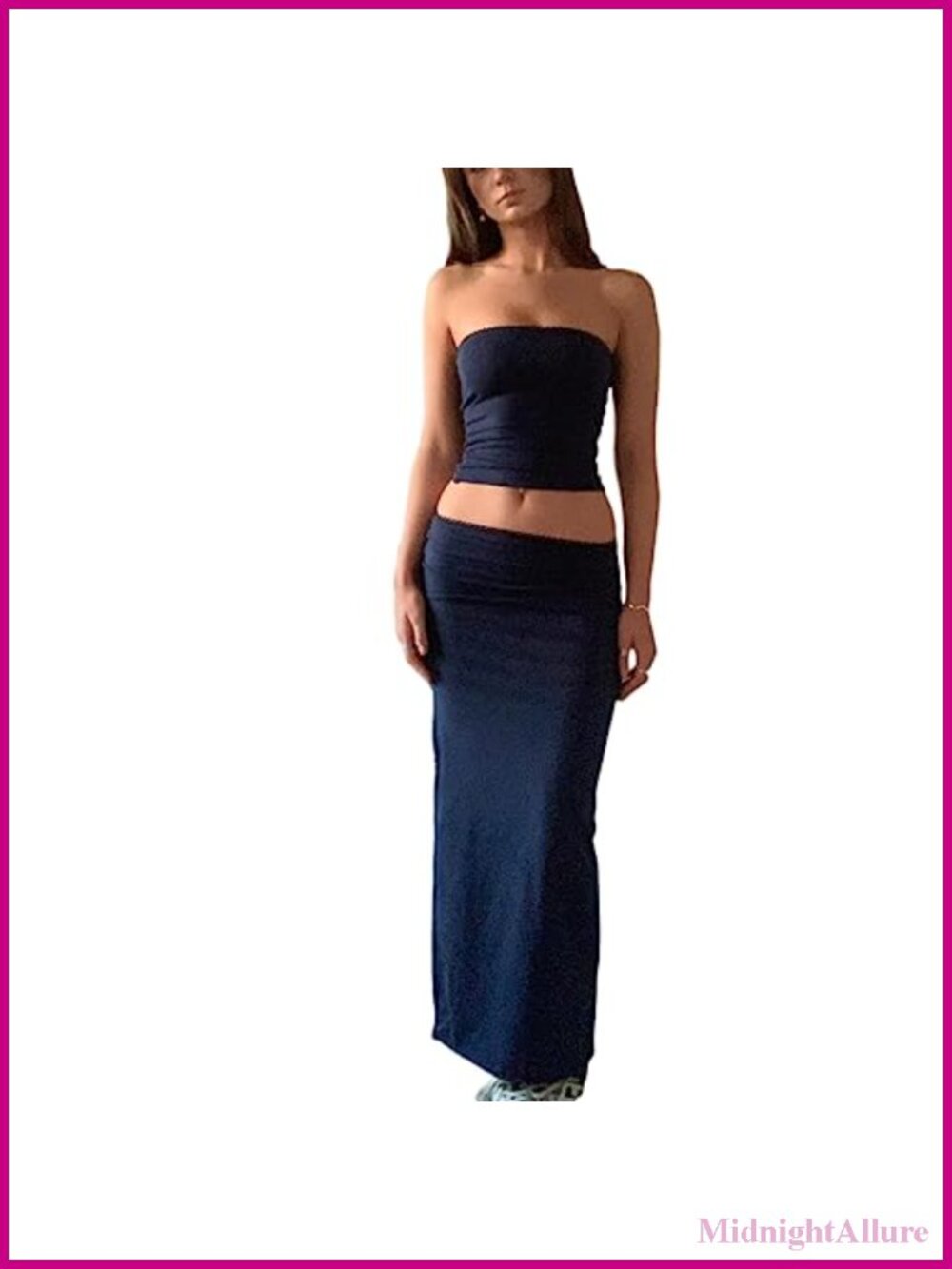 Vintage Lace Maxi Skirt Set Women 2 Piece Outfit Strapless Tube Top Bodycon